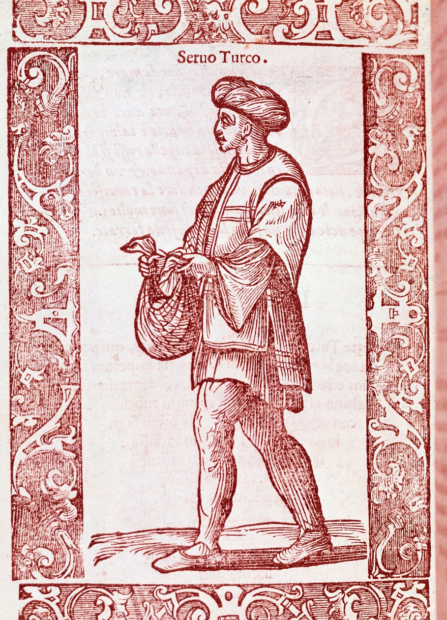 "Türkisches Leibeigenenkostüm" aus „Degli habiti antichi e moderni“ 1590 (Gravur) von Cesare (after) Vecellio