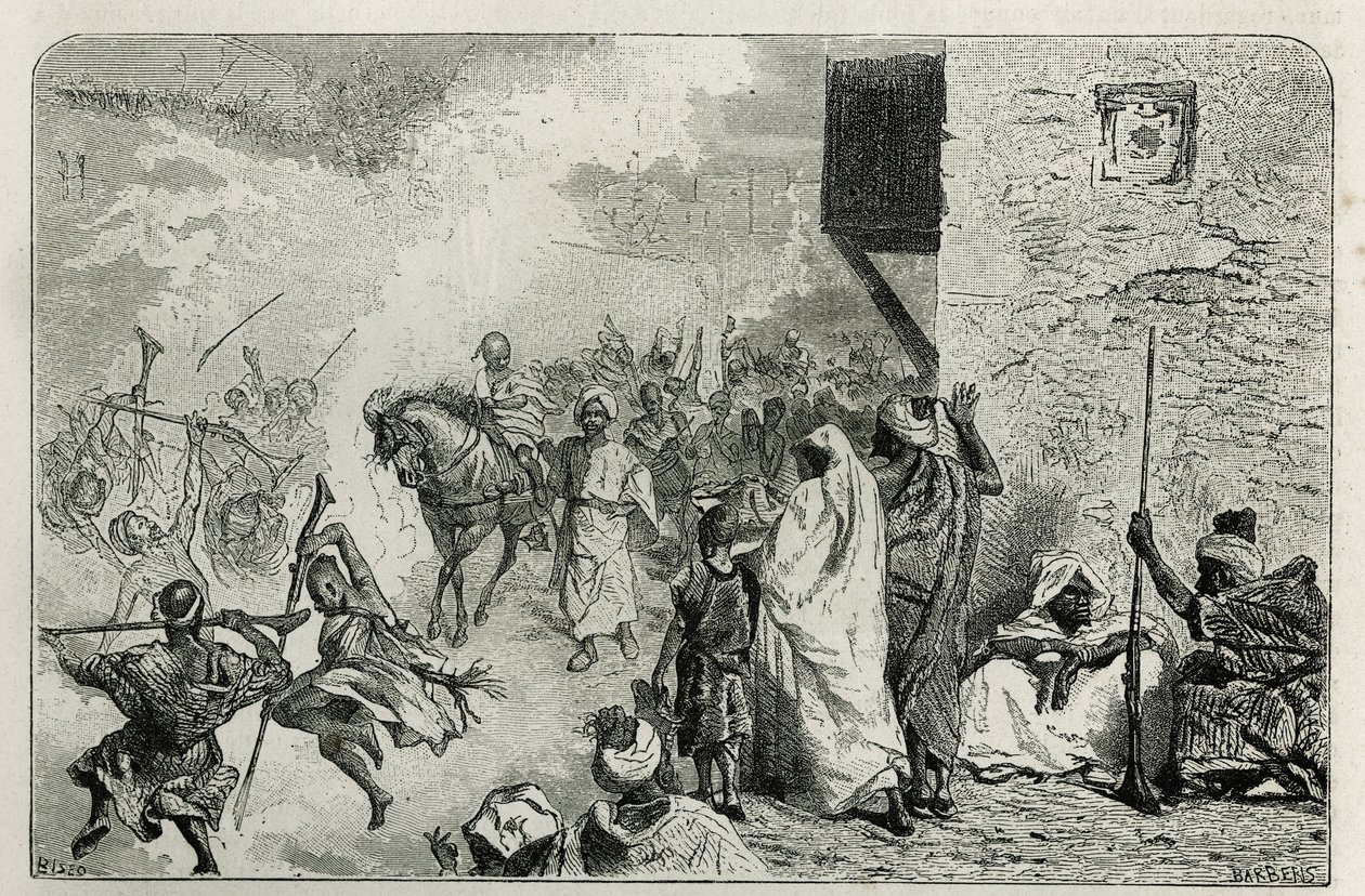 Ein Junge trägt triumphierend bei der Rückkehr der Beschneidungszeremonie, inmitten der Menge, die in die Luft schießt, während er schreit und sich wieder freut, Gravur von C. Biseo zur Illustration der Geschichte Le Maroc von Edmondo de Amicis von Cesare Biseo