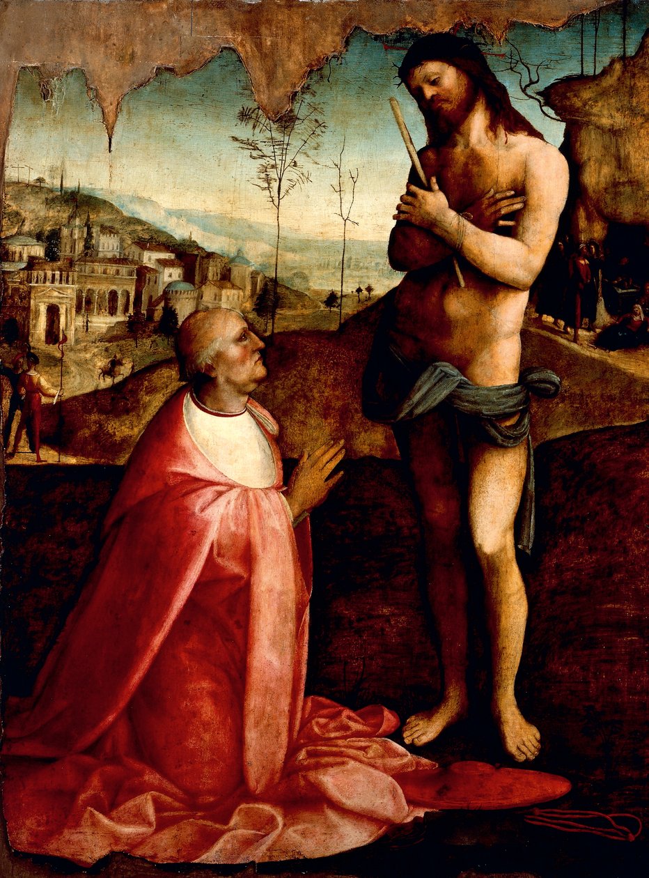Christus leidend und Kardinal Oliviero Carafa im Gebet von Cesare da Sesto