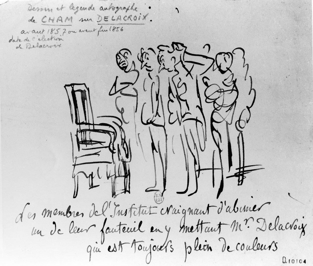 Widerwillen der Mitglieder des Institut de France, Delacroix auf einem ihrer Stühle zu installieren, aus Angst, seine Liebe zu Farben würde den Sitz beflecken, 1856-7 von Cham