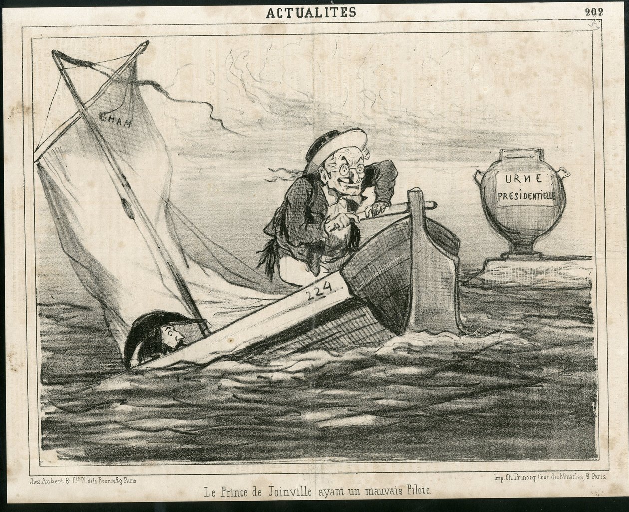 Illustration von Cham (1819-1879) in Le Charivari, circa 1850 - Der Prinz von Joinville hat einen schlechten Piloten - Wahlen, Präsident der Republik, Maritime Marine Nautique Balneaire - Thiers Adolphe, Francois d