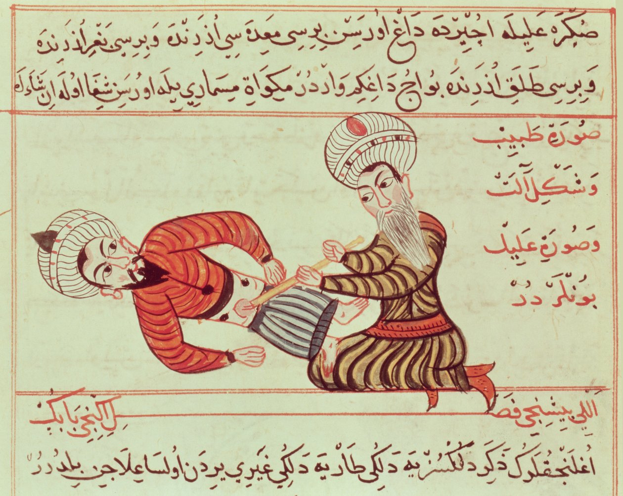 Ms Sup Turc 693 fol.95 Chirurgische Punktion der Bauchhöhle zur Aspiration von Peritonealflüssigkeit mit einer Kanüle bei einem Patienten mit Wassersucht, 1466 von Charaf ed Din