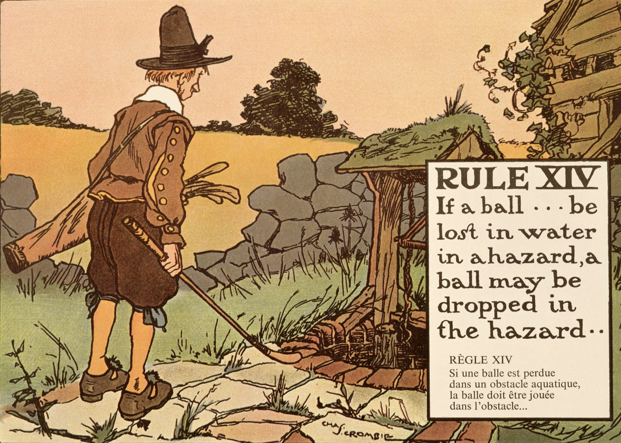 Regel XIV: Wenn ein Ball im Wasser eines Hindernisses verloren geht, darf ein Ball im Hindernis fallen gelassen werden, aus 