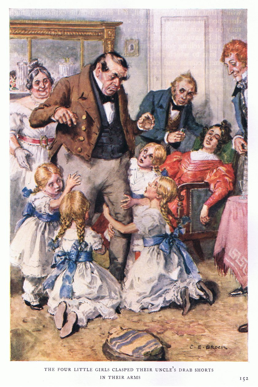 Die vier kleinen Mädchen umklammerten die grauen Shorts ihres Onkels mit ihren Armen von Charles Edmund Brock