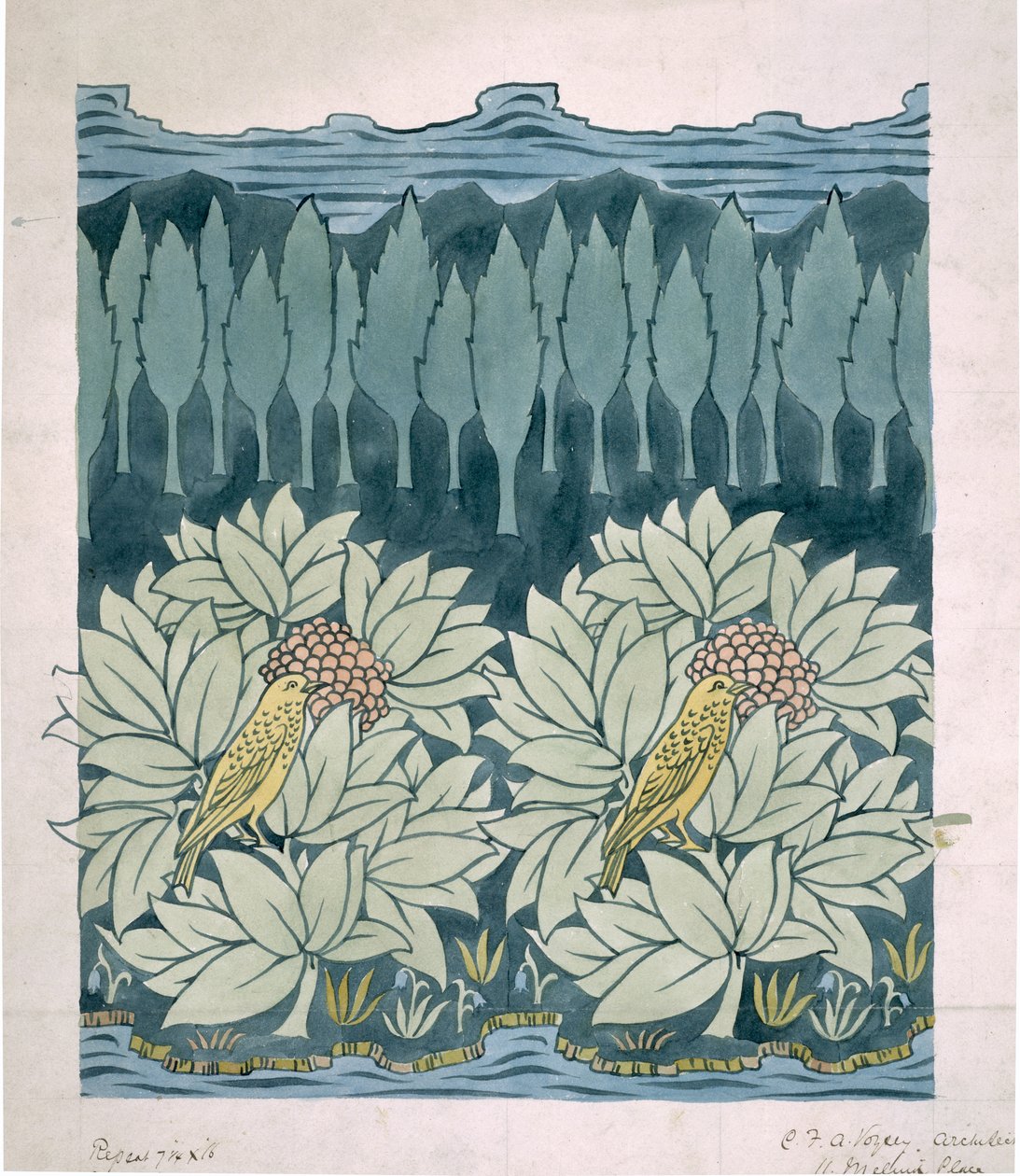 Vögel mit Tannen von Charles Francis Annesley Voysey