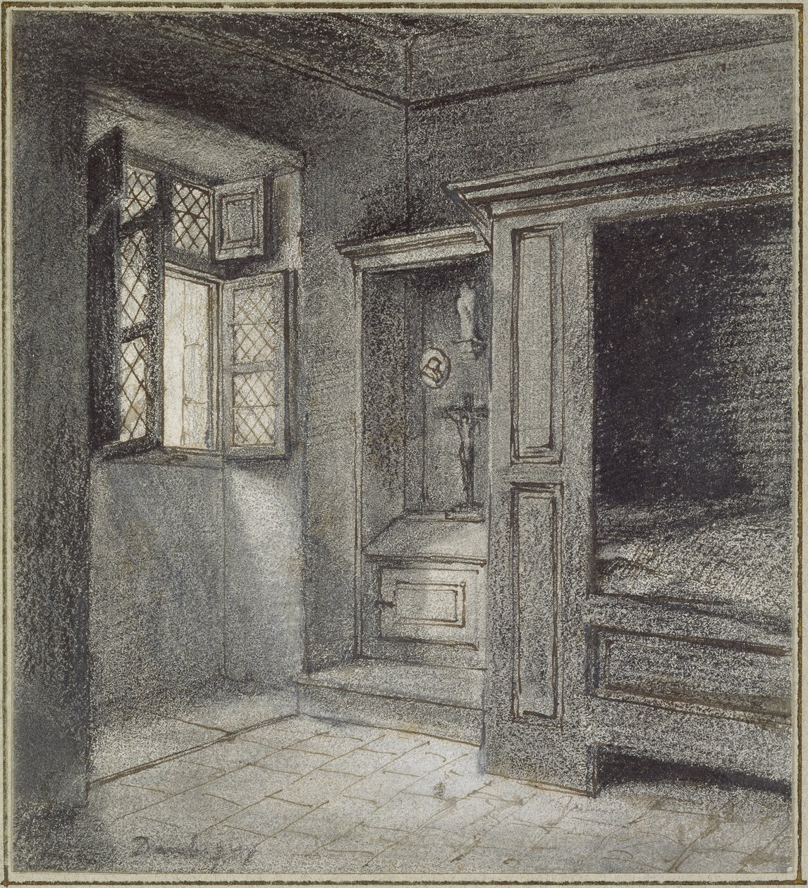 Innenansicht eines Schlafzimmers mit einem Heiligtum links von Charles Francois Daubigny