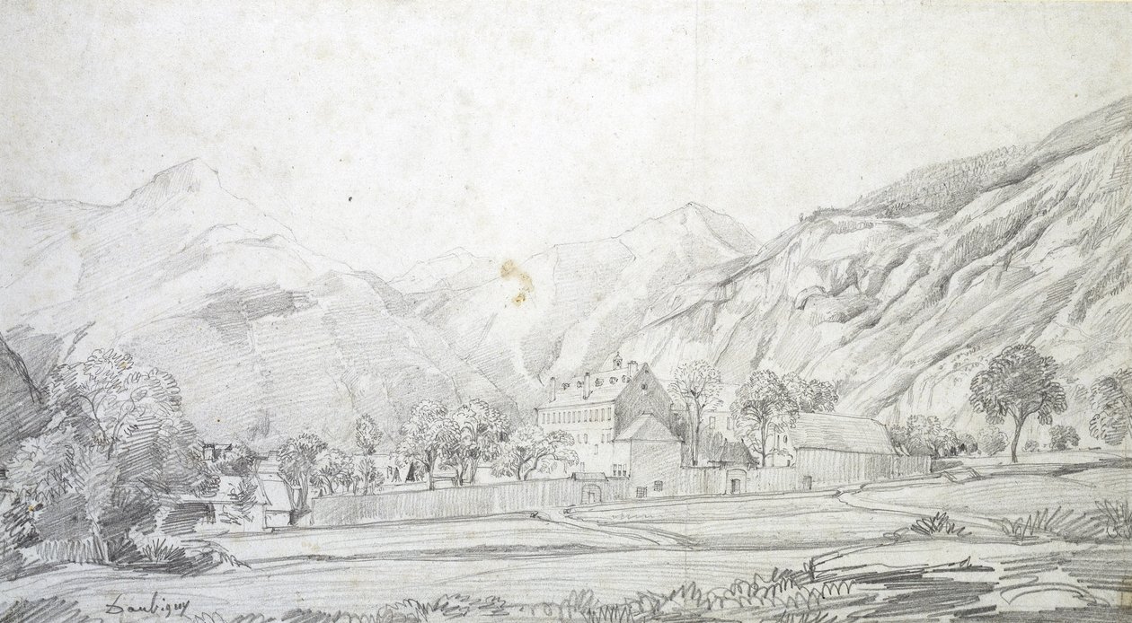 Ansicht von Gebäuden in einem ummauerten Gehege mit Bergen im Hintergrund von Charles Francois Daubigny