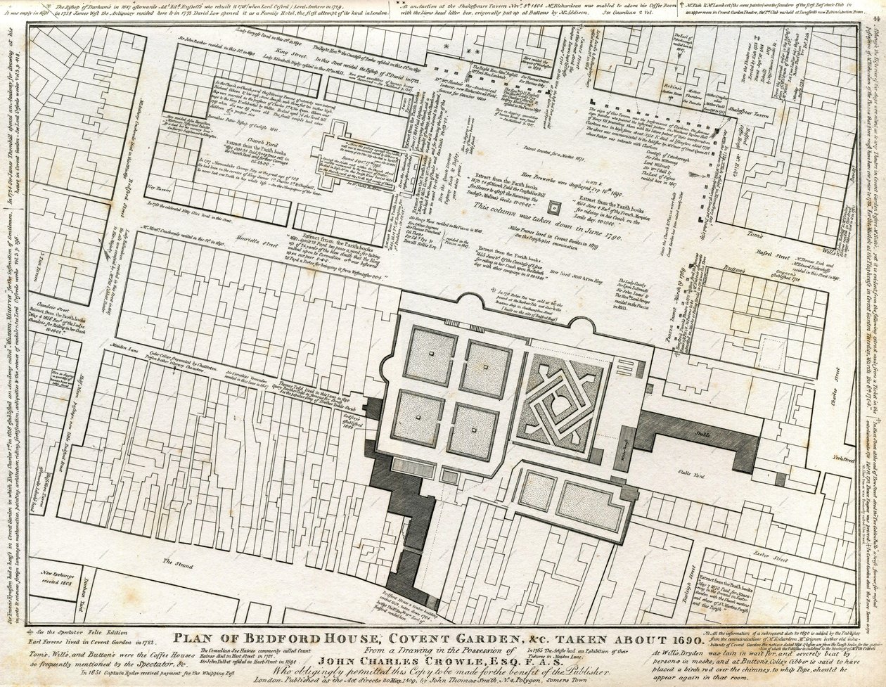 Plan des Bedford House und Gartens in Covent Garden, um 1690 gezeichnet, mit späteren Anmerkungen von Charles John Crowle