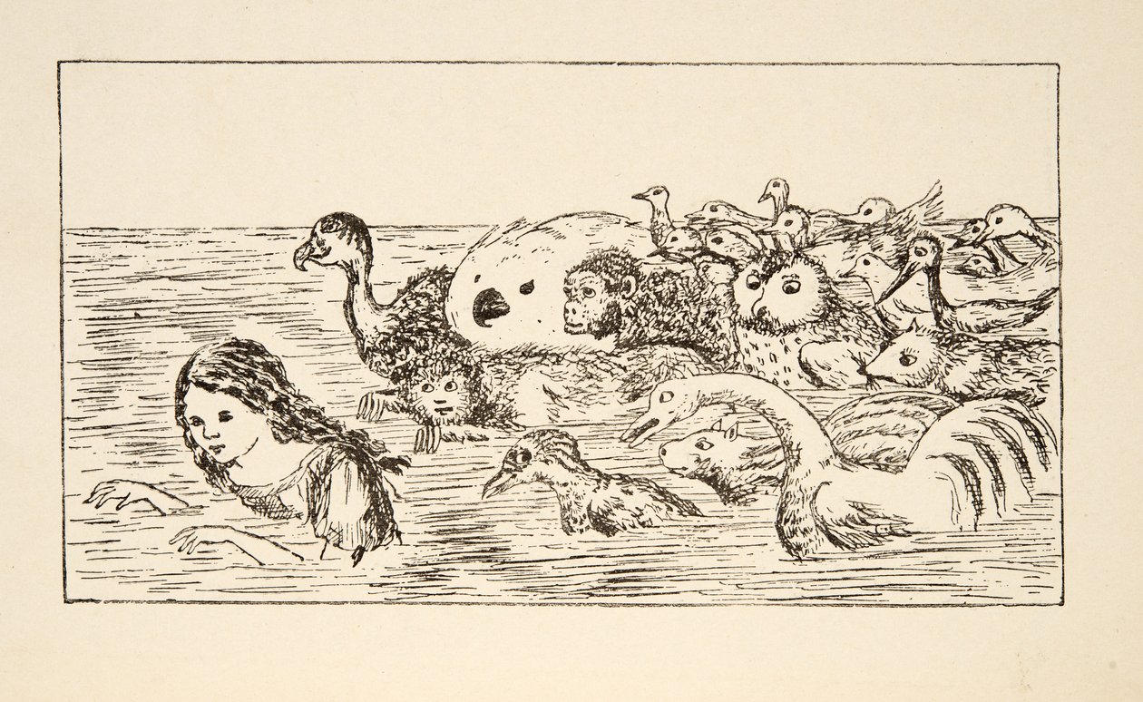 Alice schwimmt im Tränensee, Illustration aus Alice unter der Erde, veröffentlicht 1886 von Charles Lutwidge Dodgson