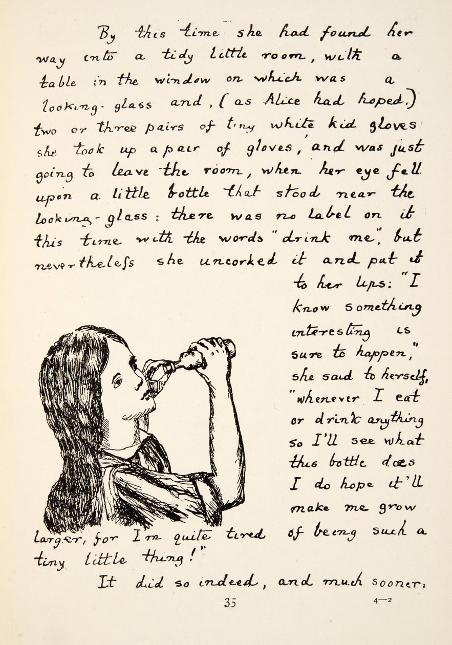 Alice entkorkt die kleine Flasche, Illustration aus Alice unter der Erde, veröffentlicht 1886 von Charles Lutwidge Dodgson
