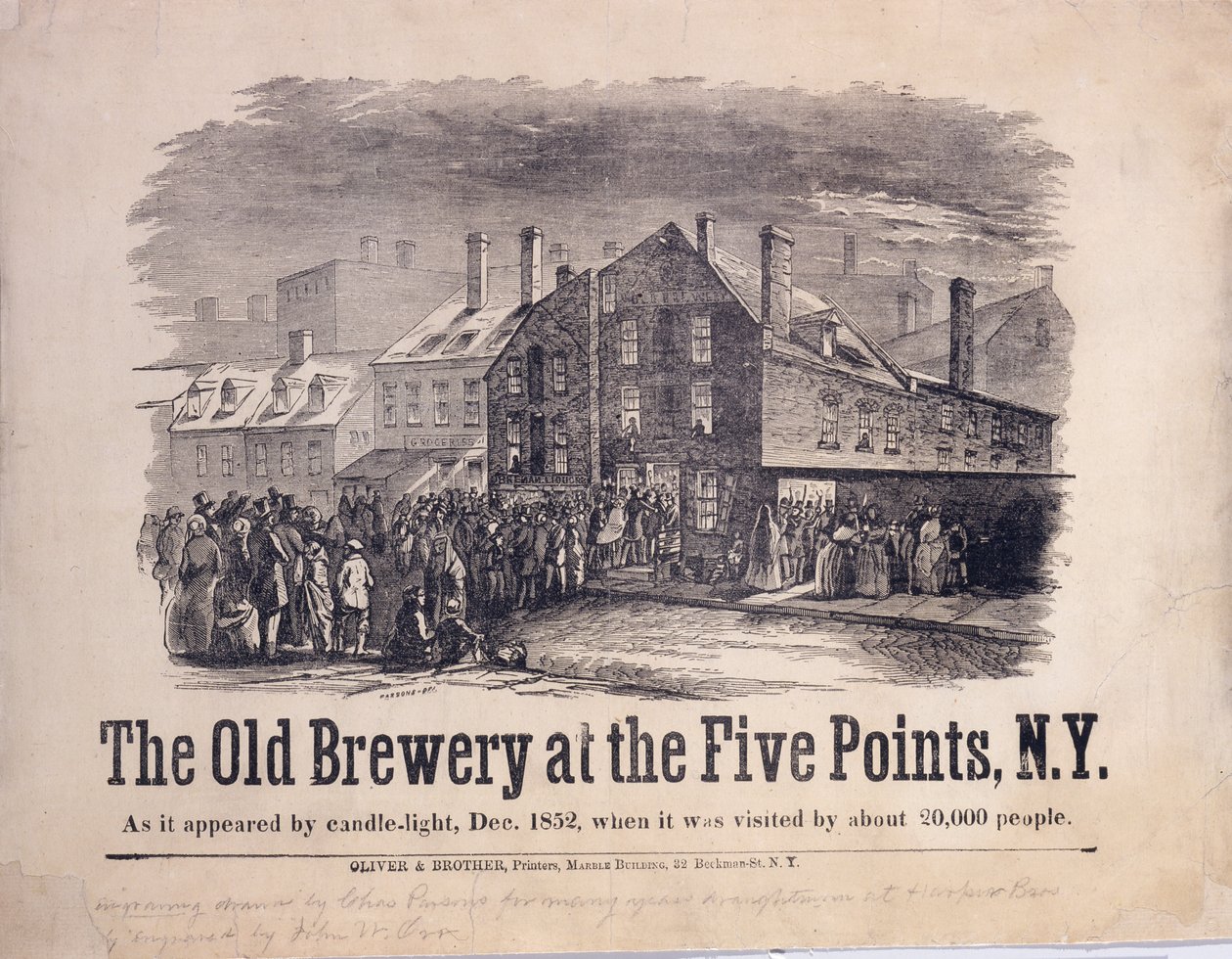 Die alte Brauerei an den Five Points, New York, wie sie im Kerzenlicht im Dezember 1852 erschien, als sie von etwa 20.000 Menschen besucht wurde, graviert von John W. Orr (1815-57), ca. 1853 von Charles Parsons