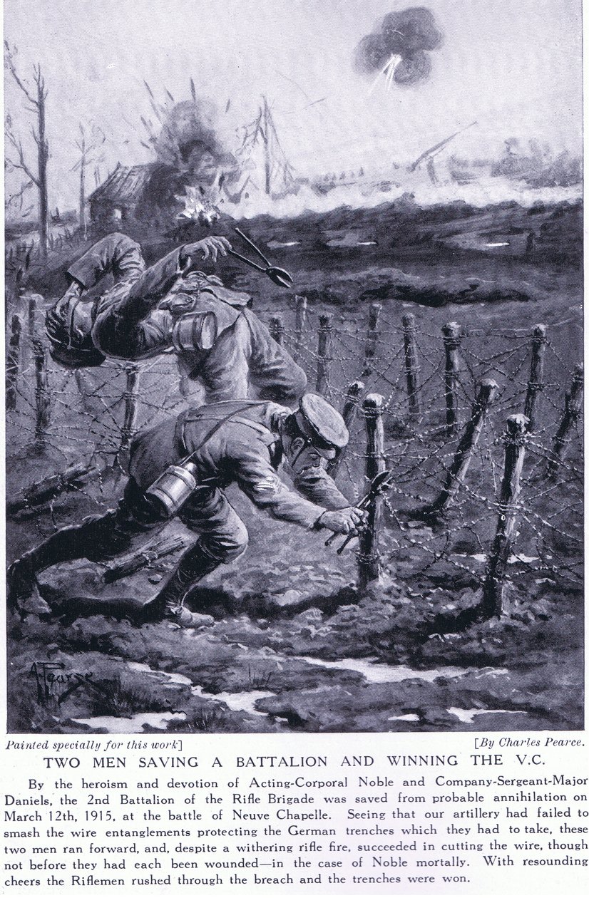 Zwei Männer retten ein Bataillon und gewinnen das Victoria-Kreuz in der Schlacht von Neuve Chapelle im März 1915 von Charles Pears