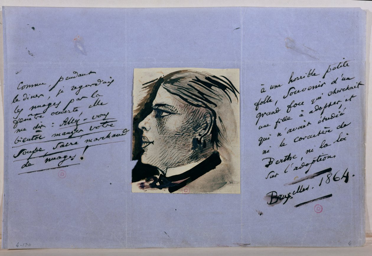 Manuskriptseite mit Porträt von Berthe, Baudelaires letzte Geliebte, Brüssel 1864 von Charles Pierre Baudelaire