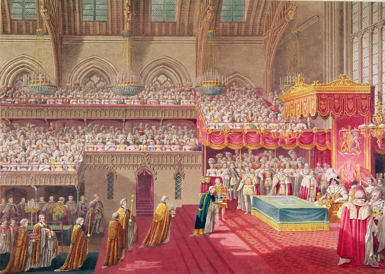 Prozession des Dekans und der Domherren von Westminster mit den Insignien, aus einem Album zur Feier der Krönung von König Georg IV. (1762-1830) am 19. Juli 1821, graviert von Matthew Dubourg von Charles Wild