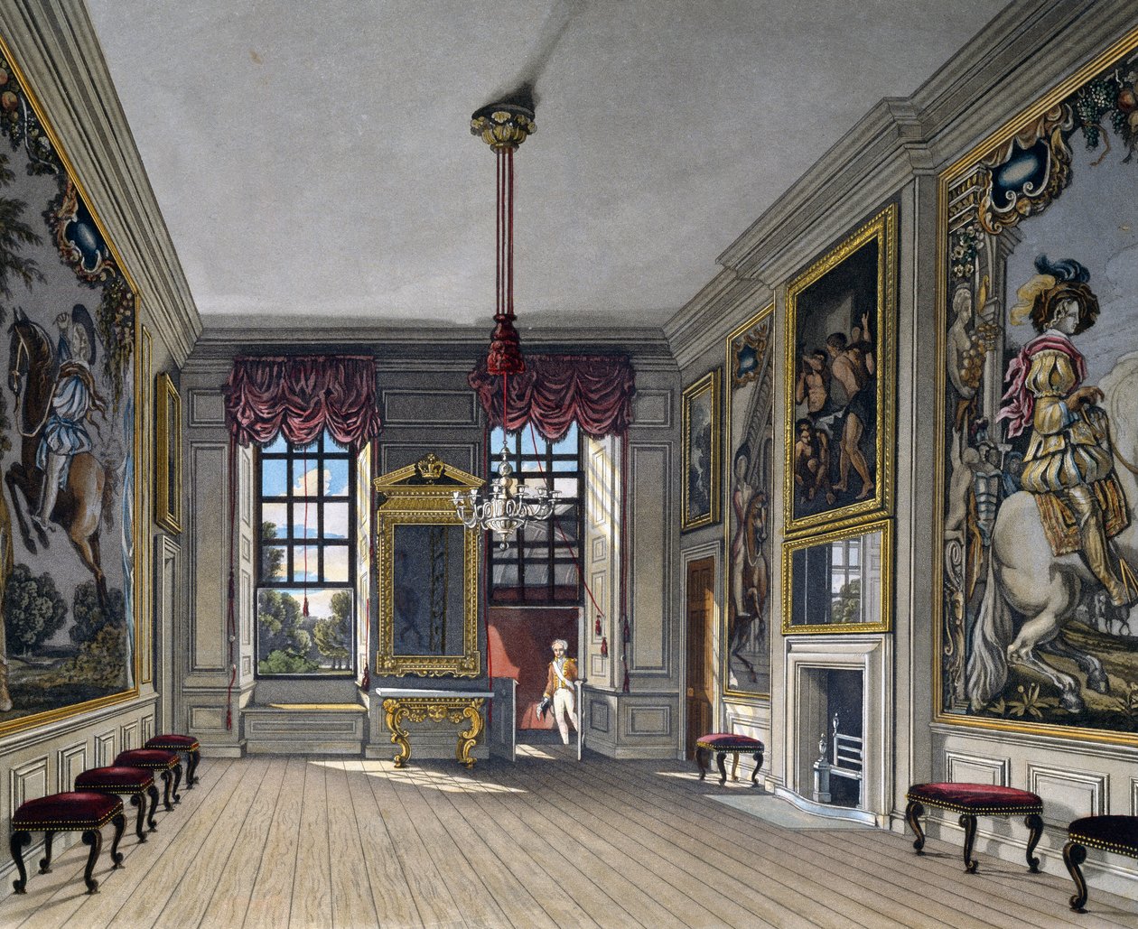 Audienzsaal der Königin, Gravur von William James Bennett, basierend auf einem Entwurf von Charles Wild, aus The History of the Royal Residences von Charles (after) Wild