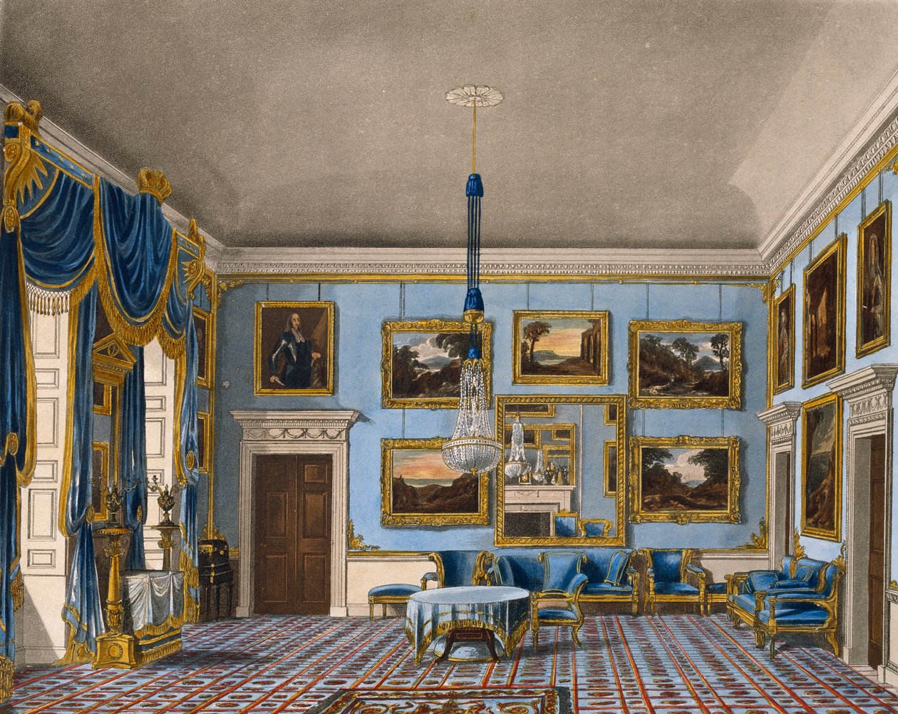 Blauer Samtsaal, Gravur von Daniel Havell, basierend auf einem Entwurf von Charles Wild, aus The History of the Royal Residences von Charles (after) Wild