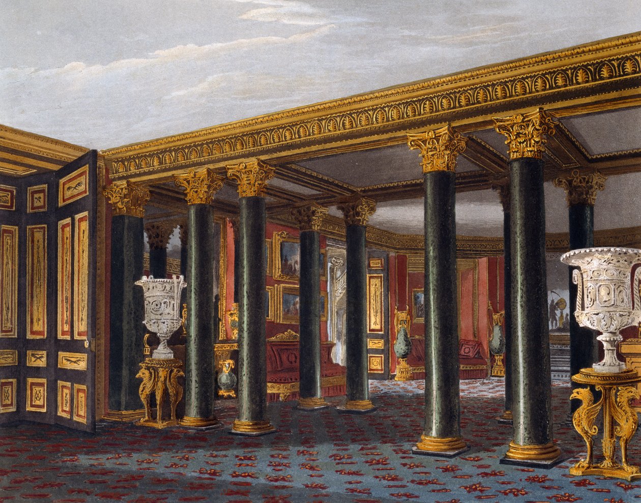 Unteres Vestibül, Gravur von Richard Reeve (geboren 1780), basierend auf einem Entwurf von Charles Wild (1781-1835), aus The History of the Royal Residences von Charles (after) Wild
