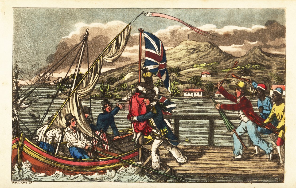 Englischer Marineoffizier entführt eine versklavte Frau auf dem Pier von Barbados, verfolgt von ihrem Ehemann und Plantagenarbeitern von Charles (c.1797 1850) (after) Williams
