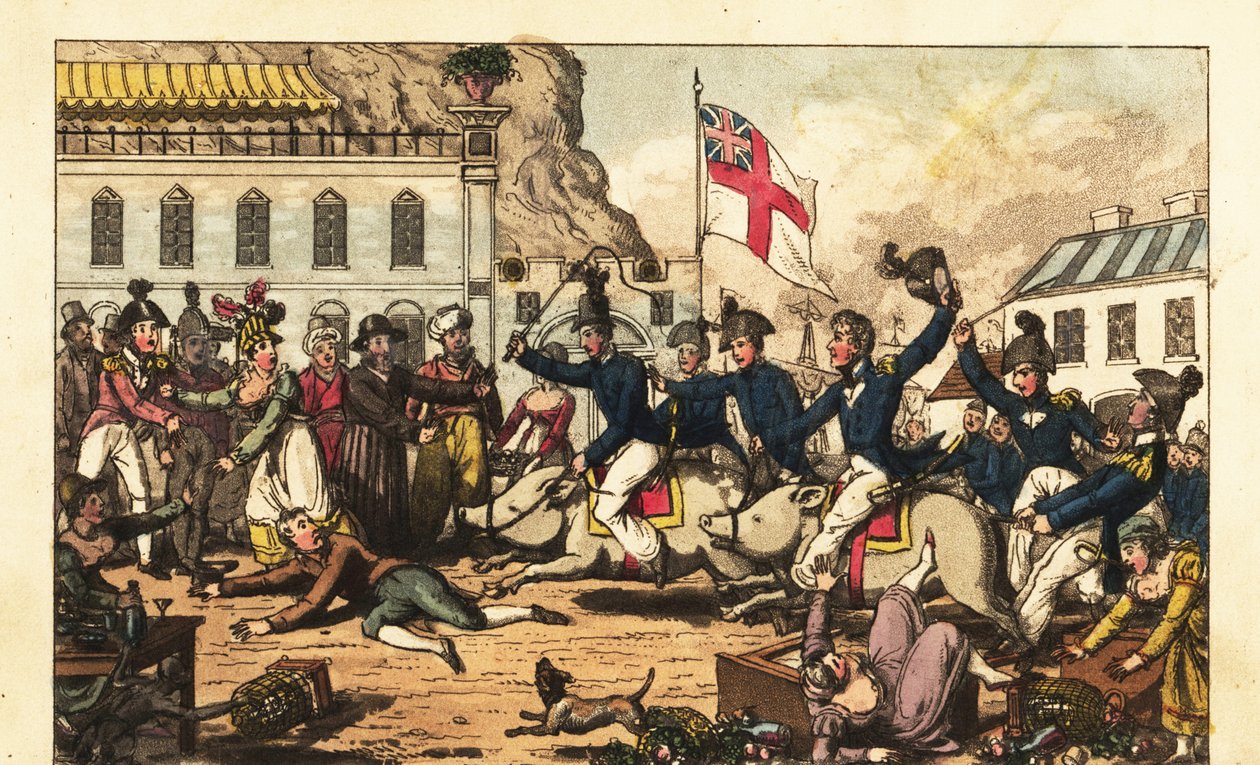 Offiziere der Royal Navy reiten auf Schweinen mit Sätteln durch den Markt in Gibraltar von Charles (c.1797 1850) (after) Williams