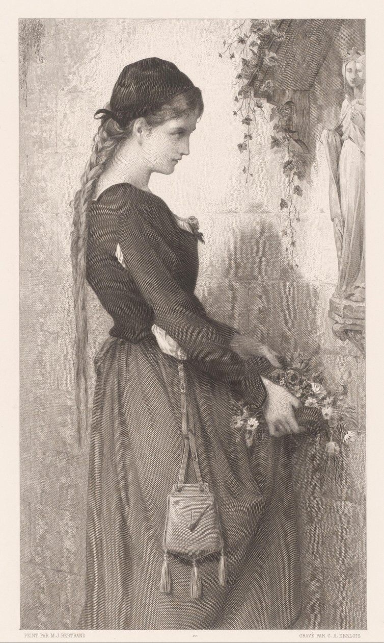 Junge Frau bringt Blumen zu einer Nische mit Marienbild von Charles Alphonse Deblois