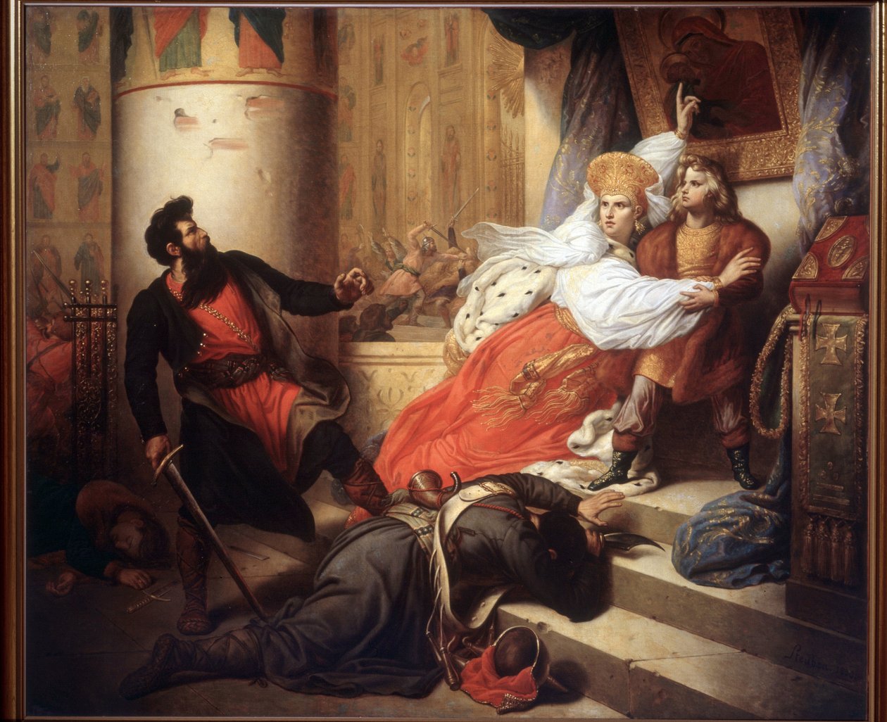 Die Mutter (Nathalie Narychkine) rettet Peter I. von Russland als Kind während des Streltsy-Aufstands 1682 von Charles Auguste Steuben