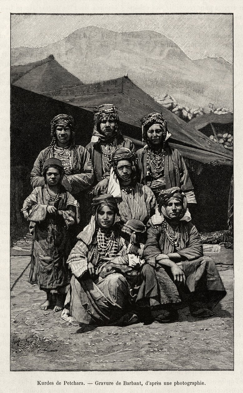 Kurden von Petchara (Türkei). Gravur von Barbant zur Illustration der Geschichte „Durch russisches Armenien, Karabagh, Tal des Araxes, Ararat-Massiv“ von Madame B. Chantre, in Le tour du Monde 1892, herausgegeben von Edouard Charton (1807-1891), Hachette,  von Charles Barbant