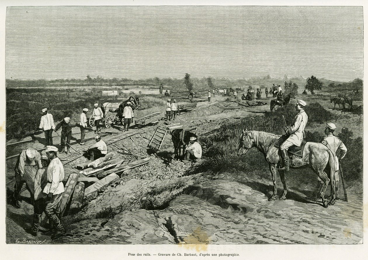 Verlegung der transkaspischen Schienen. Gravur von Ch. Barbant zur Illustration der Geschichte Voyage à Merv, von Edgar Boulanger, in Le Tour du Monde 1887, unter der Leitung von Edouard Charton, Hachette, Paris von Charles Barbant