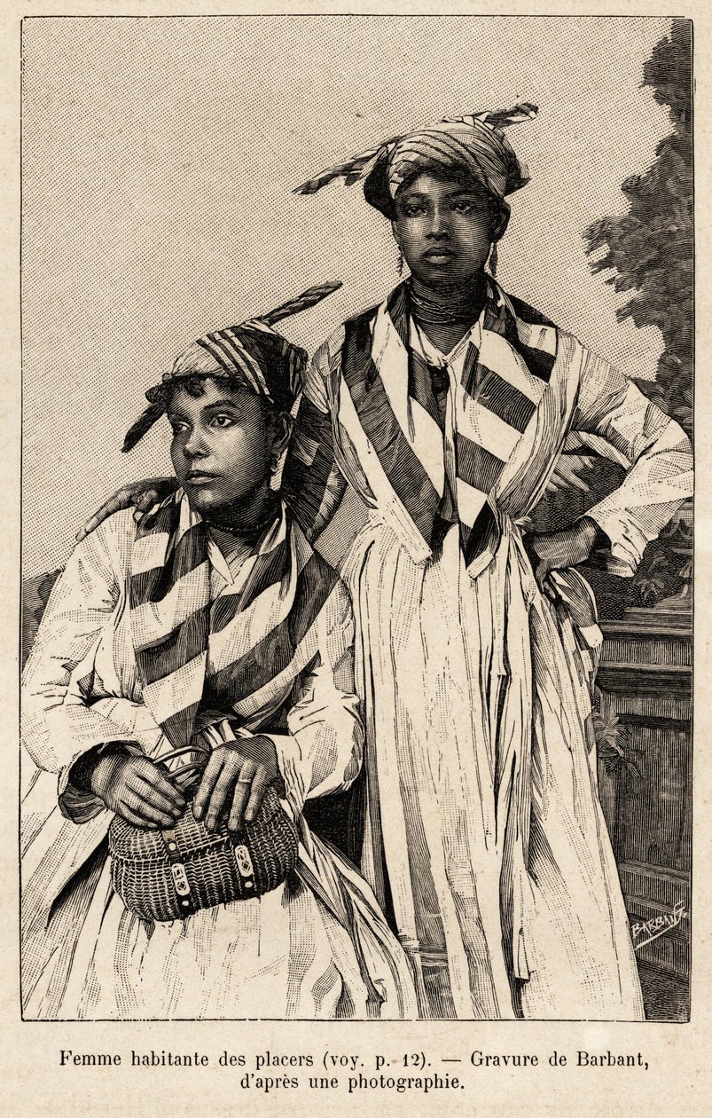 Frauen, die in Seifen, Mineralvorkommen leben. Gravur von Barbant zur Illustration der Geschichte "chez nos indiens, quatre années de voyage dans la Guiane française" von Charles Barbant
