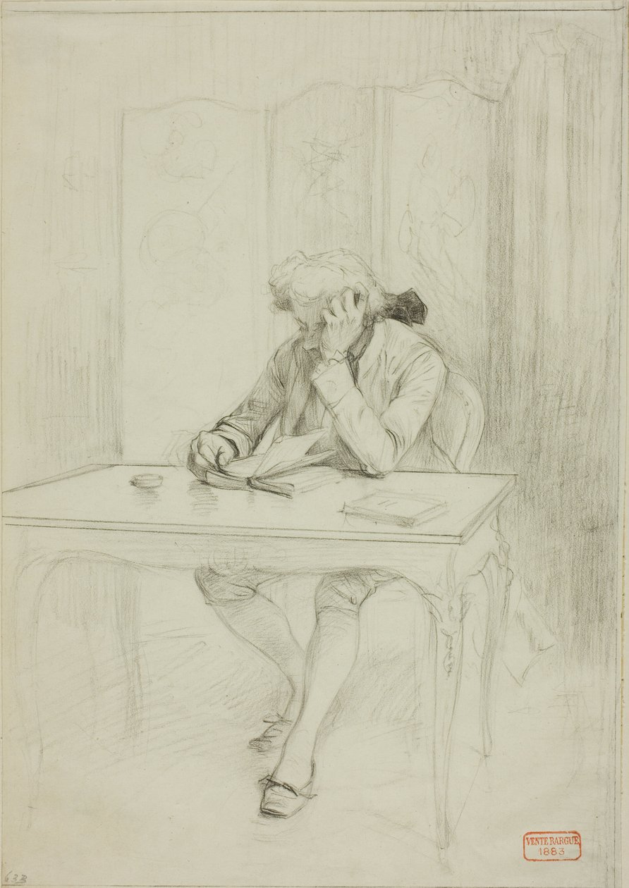 Mann in Kleidung des 18. Jahrhunderts, am Tisch sitzend und lesend von Charles Bargue