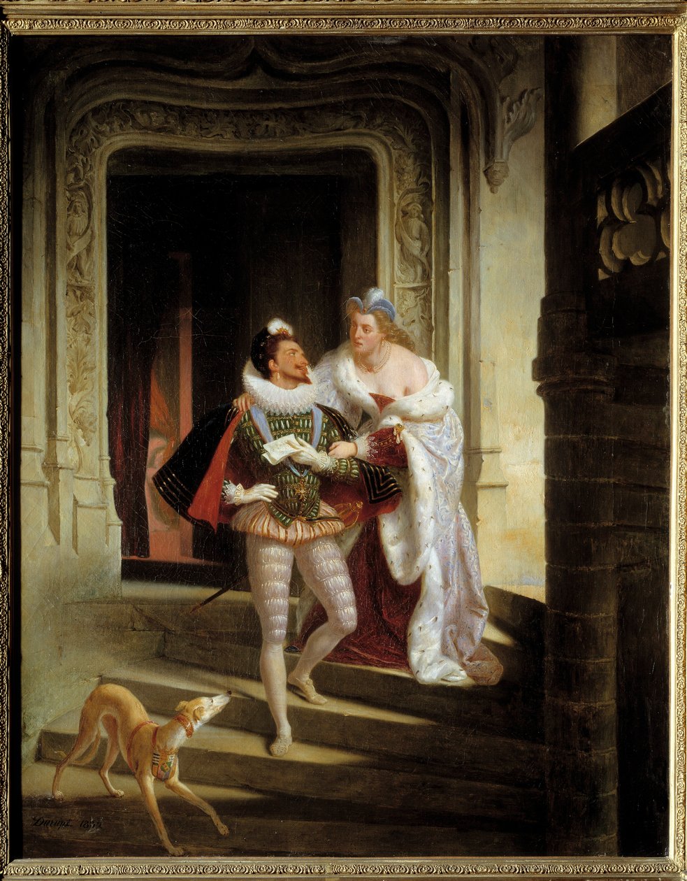 Die Marquise von Noirmoutiers, Charlotte de Beaune Semblancay, versucht Heinrich I. von Lothringen, Herzog von Guise, davon abzuhalten, zur Versammlung der Generalstände von Blois zu gehen, vor seiner Ermordung 1588 im Schloss von Blois von Charles Barthelemy Durupt