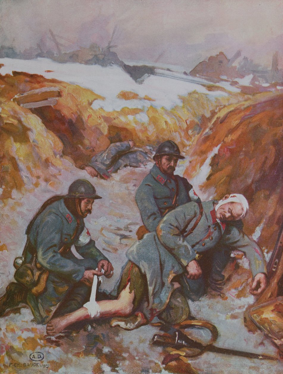Rotes Kreuz Krankenschwester verbindet eine Wunde während des 1. Weltkriegs von Charles Baude