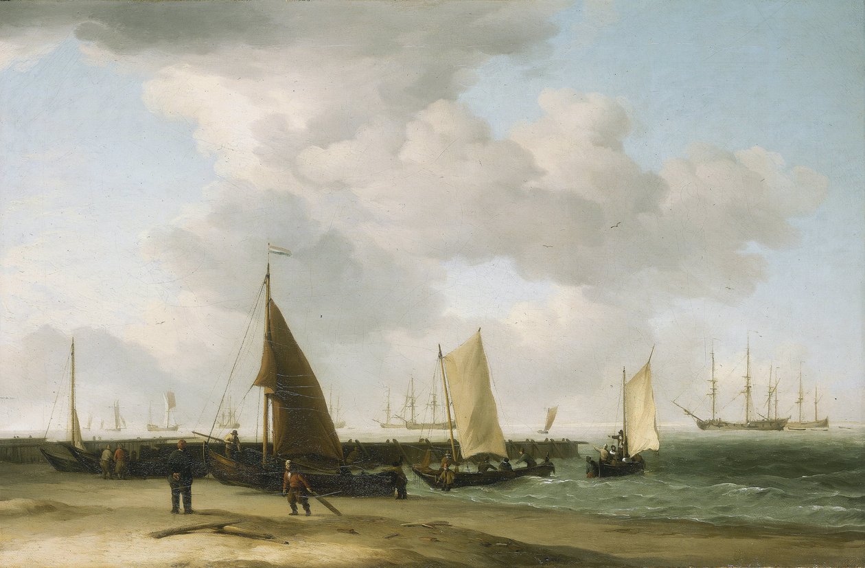 Szene am Ufer, mit einem Kriegsschiff am Horizont von Charles Brooking