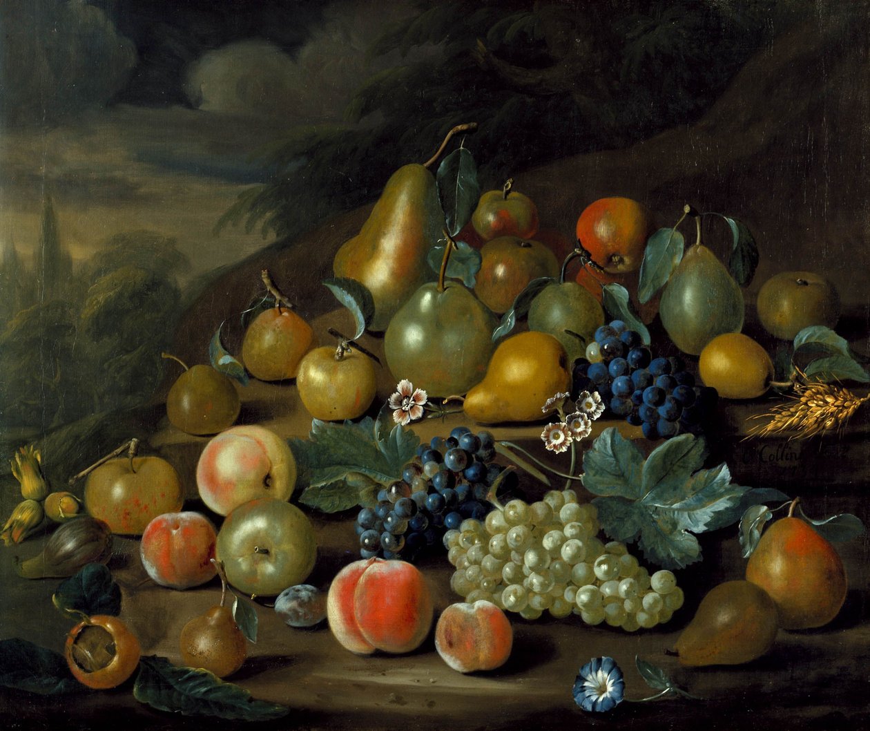 Stillleben mit Birnen, Pfirsichen und Trauben von Charles Collins