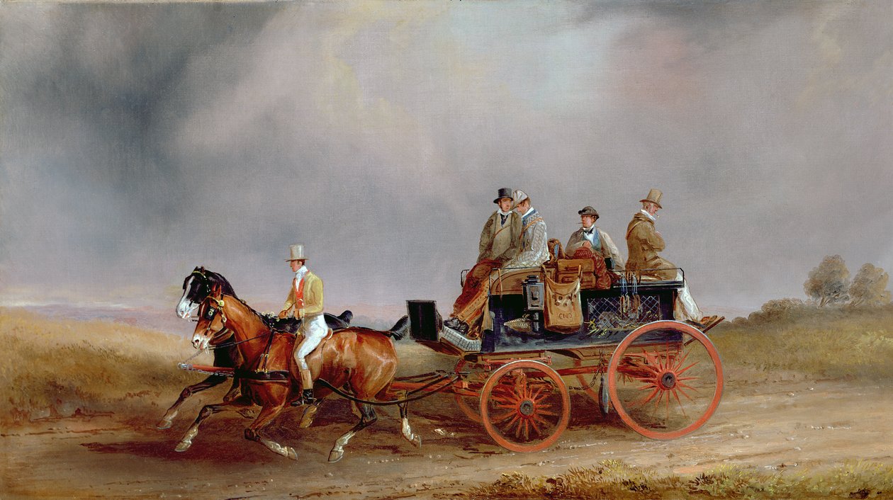 Auf die Jagd gehen; ein Postillion und ein Paar mit einem Jagdwagen von Charles Cooper Henderson