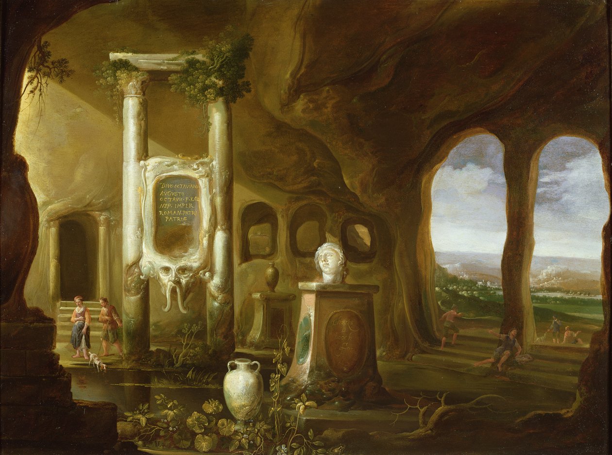Ein Denkmal für Augustus, in einer Grotte mit Figuren, 17. Jahrhundert von Charles Cornelisz de Hooch