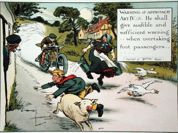 Warnung vor Annäherung. Art. IV.(5) Er soll hörbare und ausreichende Warnung geben...beim Überholen von Fußgängern, aus einem Buch der Straßenverkehrsregeln, veröffentlicht um 1905 von Charles Crombie