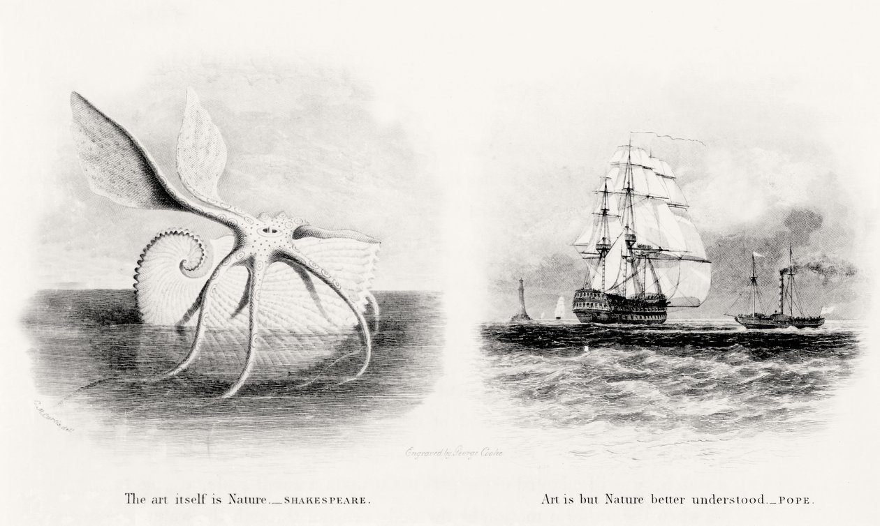 Ein Riesenkalmar und zwei Schiffe auf See, graviert von George Cooke (1781-1834) von Charles Curtis