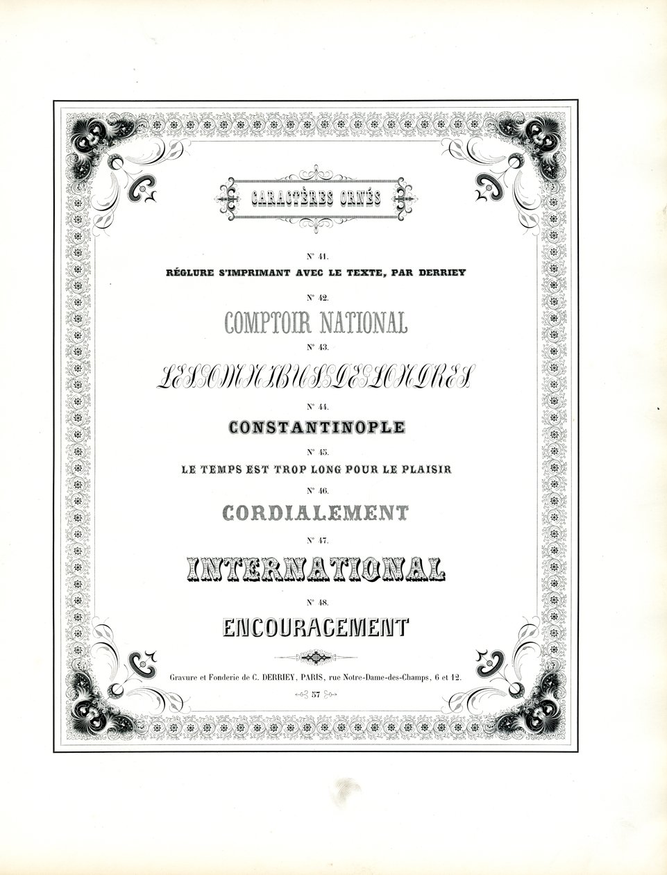 Dekorative Schriften mit floraler Eckornamentrahmen von Charles Derriey