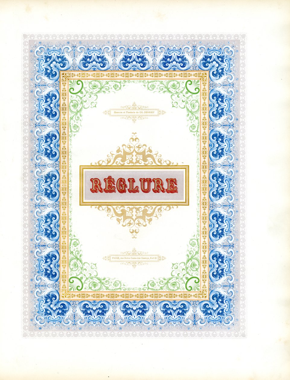 Polychromer Zierrahmen mit Titelschild von Charles Derriey