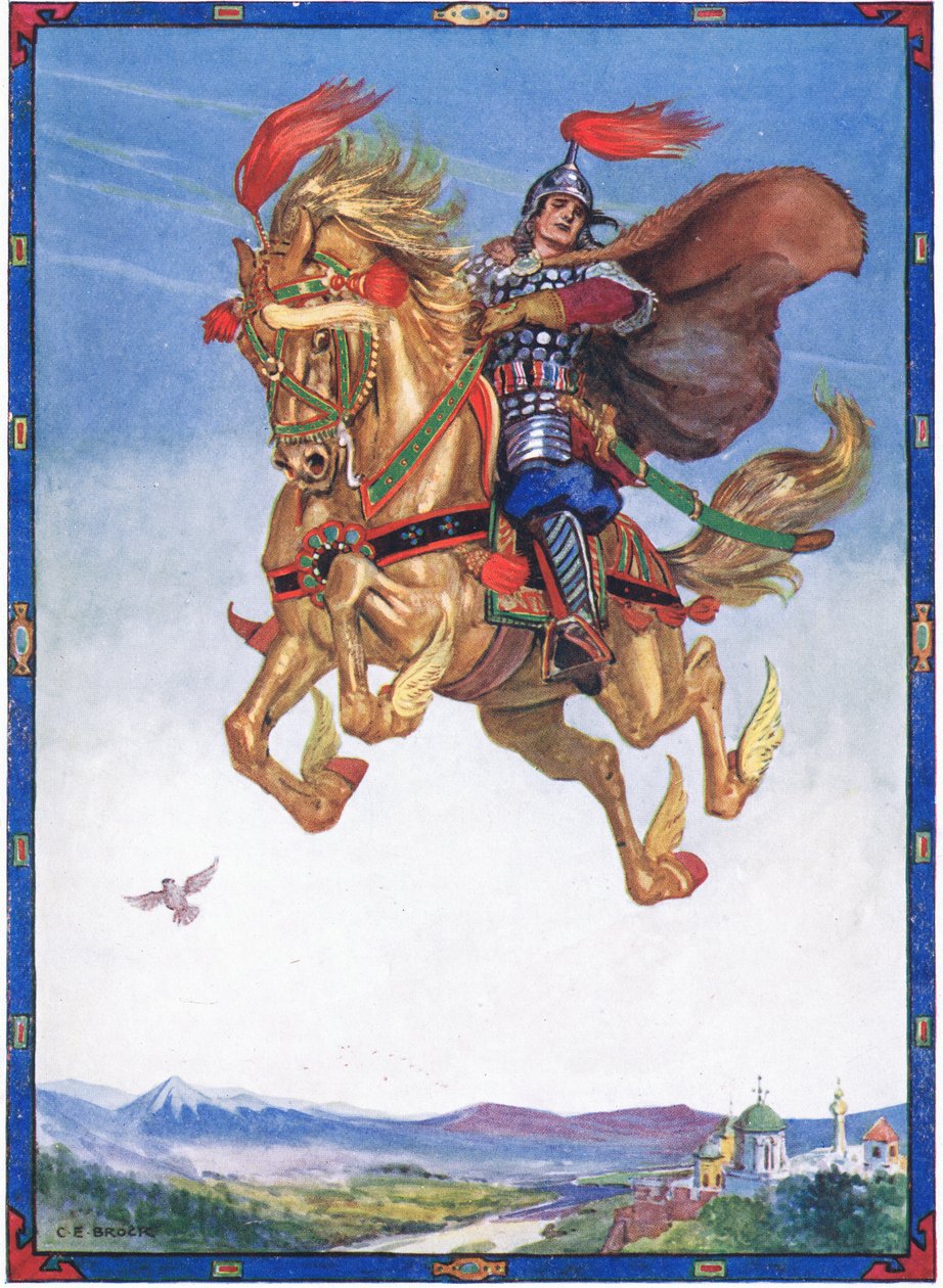 Das Pferd flog durch die Luft, Szene aus Der Ritter der Blumen in Kindererzählungen aus rumänischen Legenden von Moses Gaster von Charles Edmund Brock