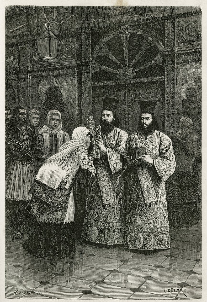 Priester geben den Heiligenbildern einen Kuss, Gravur von Ch. Delort, zur Illustration von Henri Belles Reise nach Griechenland in den Jahren 1861, 1868 und 1874, veröffentlicht in der Tour du monde, unter der Leitung von Edouard Charton von Charles Edouard Delort