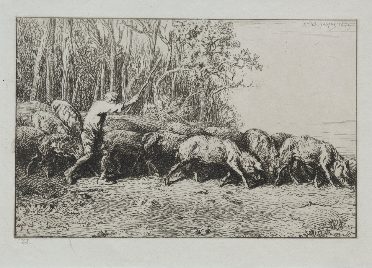 Schweineherde verlässt einen Wald von Charles Emile Jacque