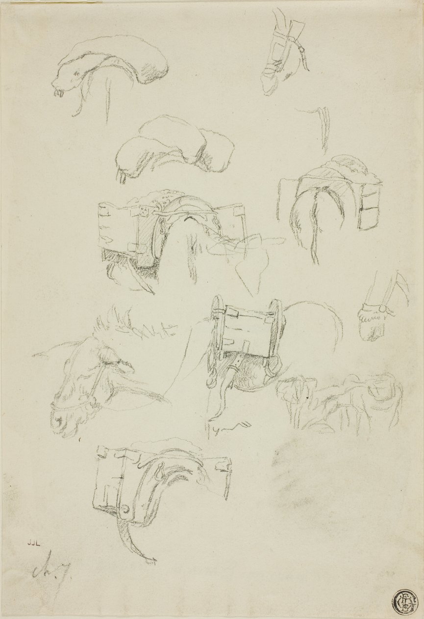 Blatt mit Skizzen: Details eines Esels und Ausrüstungen von Charles Emile Jacque