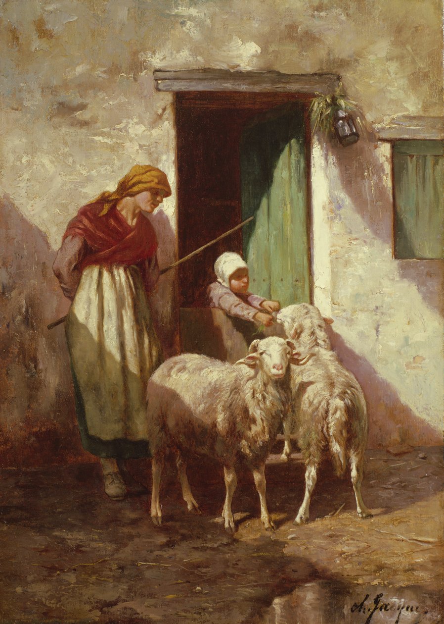 Hirtin mit einem Kind und zwei Schafen von Charles Emile Jacque