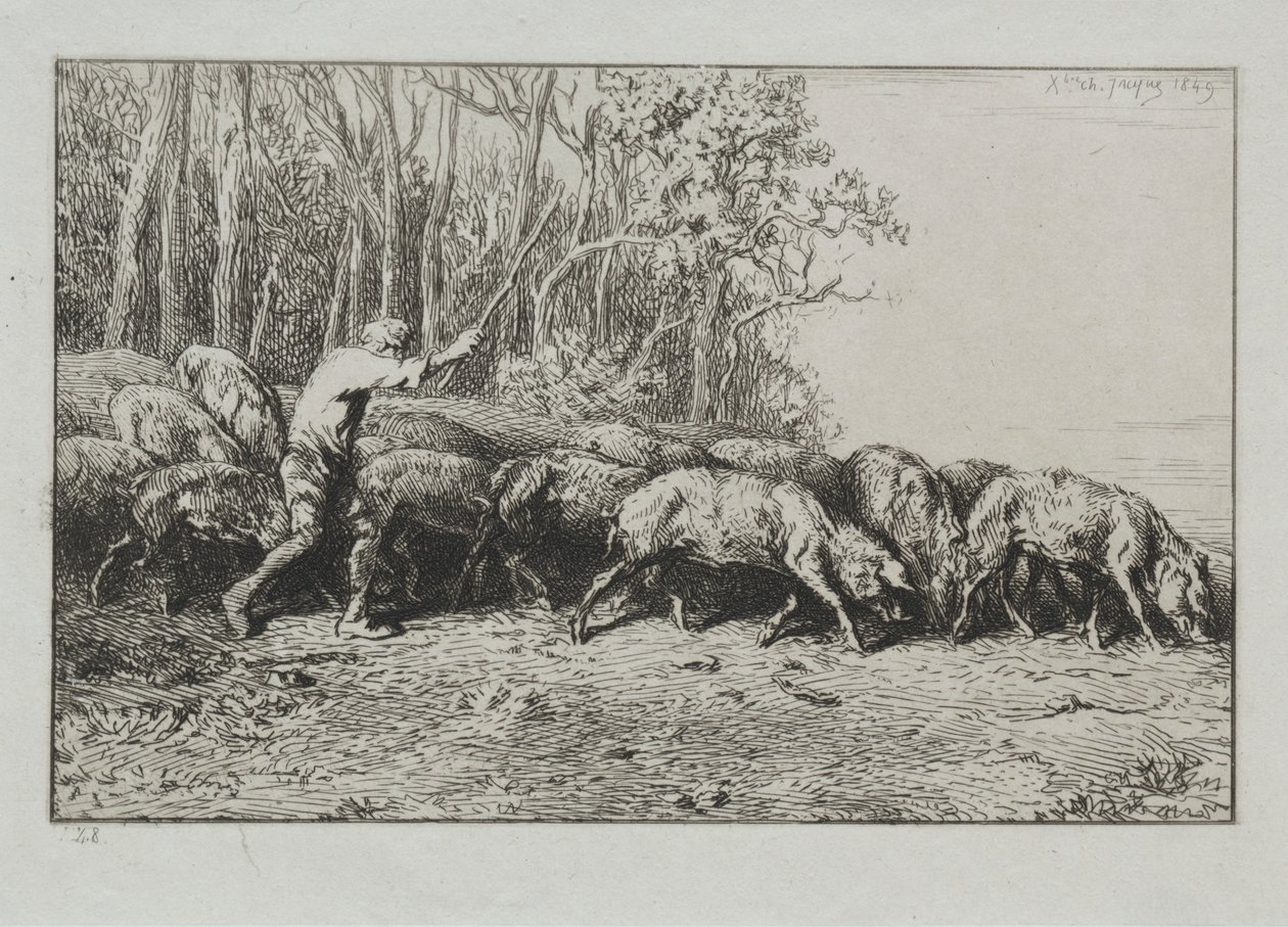 Schweineherde verlässt einen Wald von Charles Emile Jacque