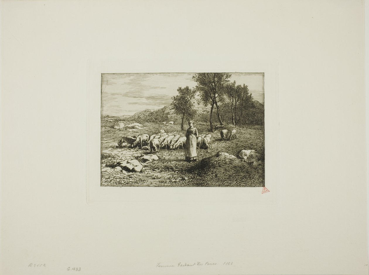 Frau, die eine Schweineherde bewacht von Charles Emile Jacque
