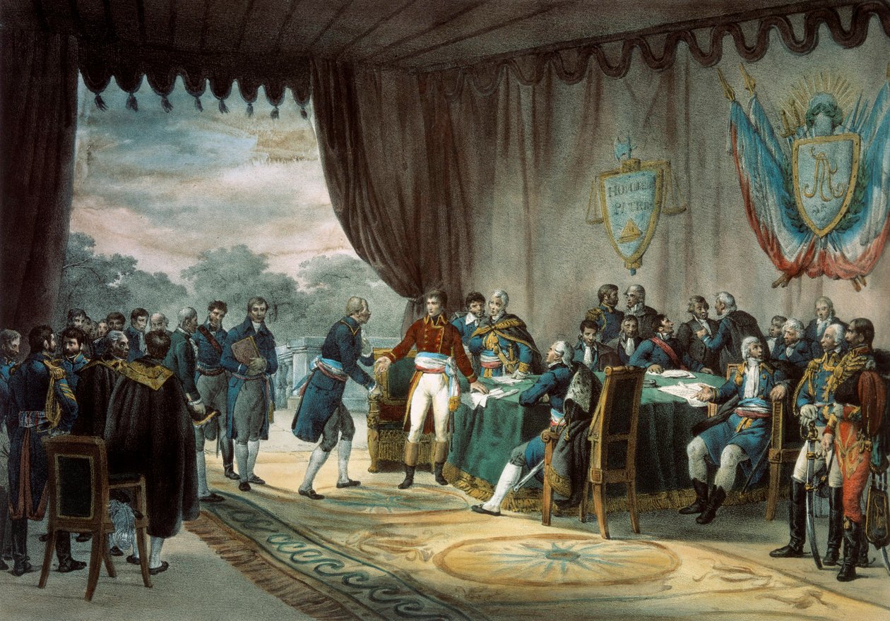 Unterzeichnung des Vertrags von Mortefontaine am 30.09.1800, bei dem Frankreich (vertreten durch Napoleon Bonaparte (1769-1821)) Louisiana an die Vereinigten Staaten verkauft. Lithographie von C. Motte (19. Jahrhundert). Paris, B.N. von Charles Etienne Pierre Motte