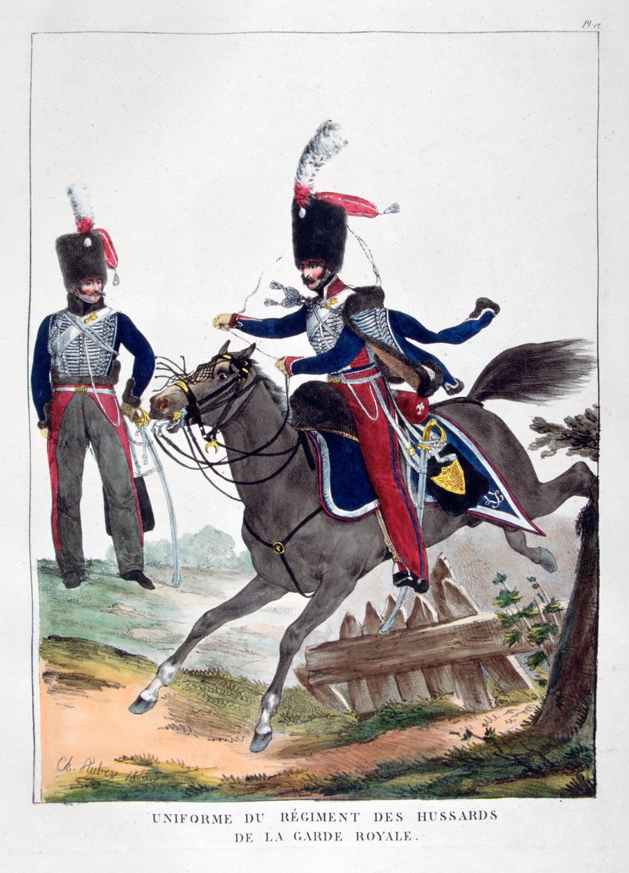 Uniformen eines Regiments von Husaren der französischen königlichen Garde, 1823 von Charles Etienne Pierre Motte