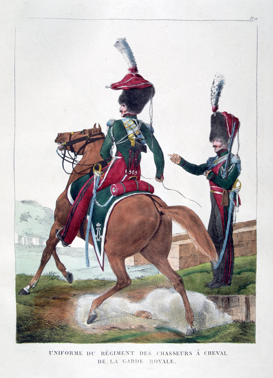 Uniformen des berittenen Jägerregiments der französischen königlichen Garde, 1823 von Charles Etienne Pierre Motte