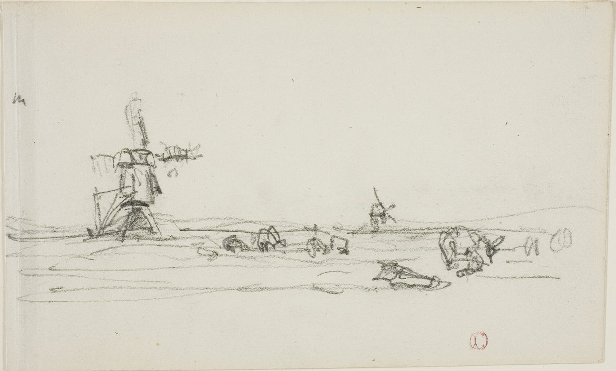 Landschaft in Holland (recto); Skizze von Windmühlen am Wasser (verso) von Charles Francois Daubigny